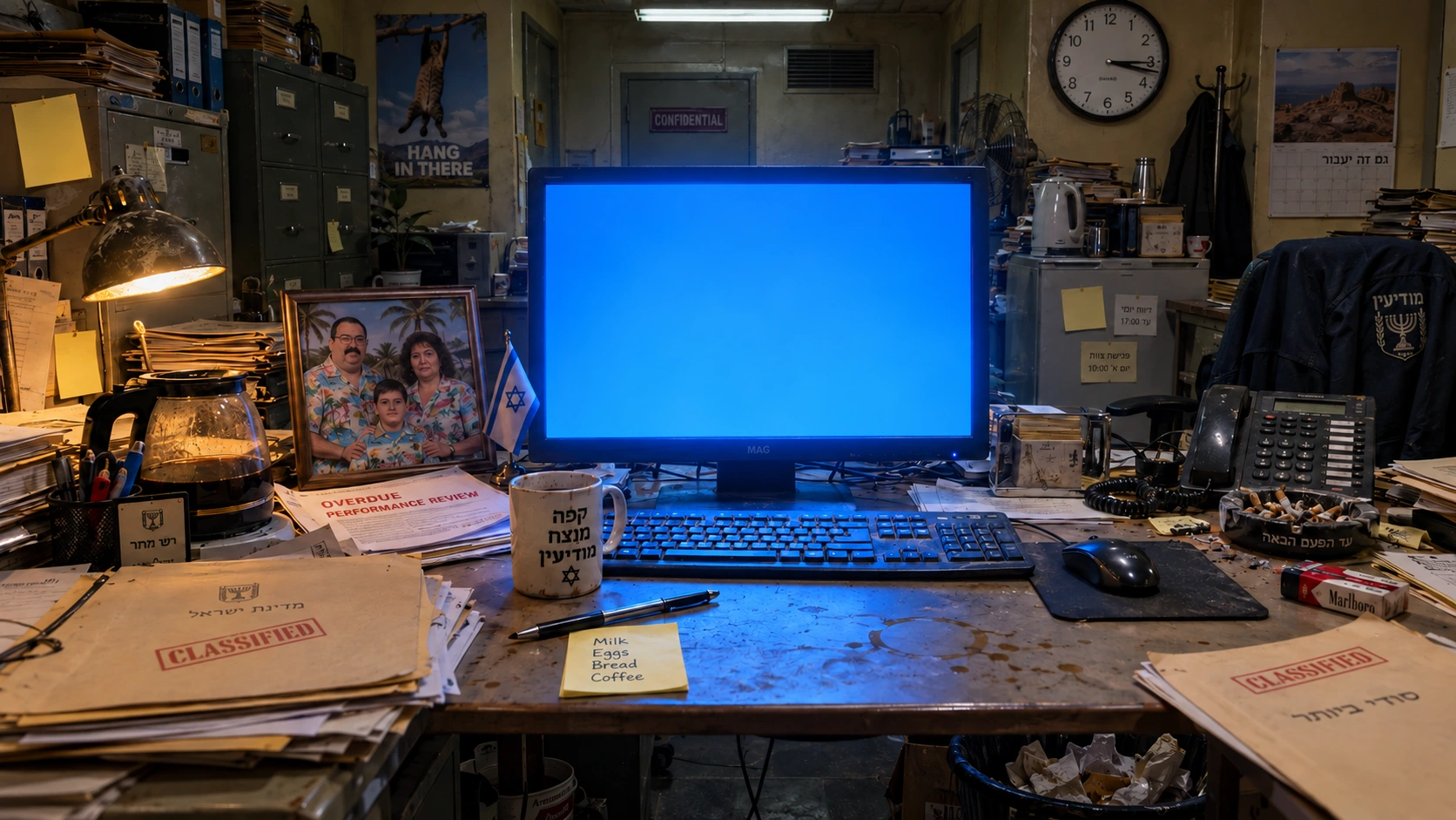 A worn intelligence office with paperwork, an awkward family photo, a grocery list and a glowing computer.